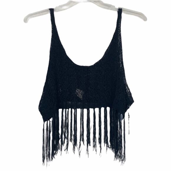 Forever 21 Los Angeles Black Fringe Open Knit Tank Top Sz S - Picture 1 of 5